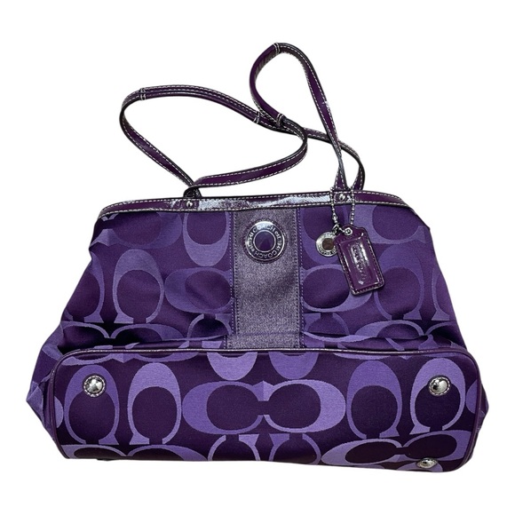 Vintage Coach Signature Dark Plum Purple Stripe Carryall Tote Shoulder-Bag Purse - Picture 5 of 11